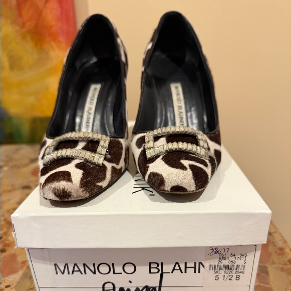 Manolo Blahnik Animal Print Fur Heels with Crystal Detail